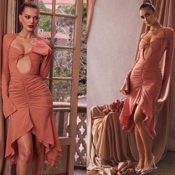 HOUSE OF CB 'Reine' Rose Real Silk Ruffle Midi Dress NWOT - Picture 1 of 5